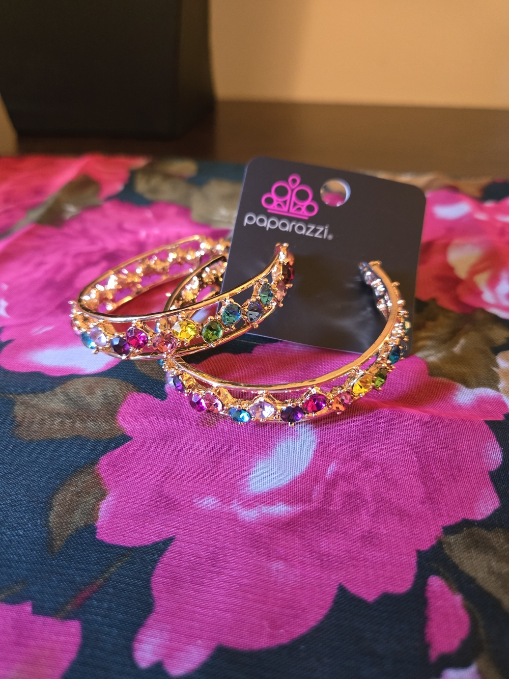 Paparazzi Multicolor Crystal Hoop Earrings - Gold - Picture 3 of 5